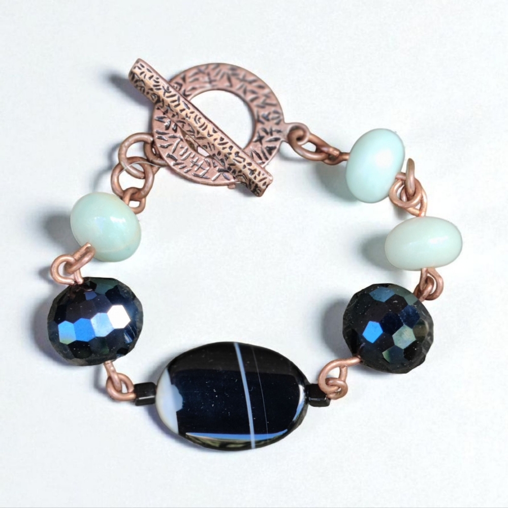 🔥 Vintage Copper Black Banded Agate,Jade And Faceted Black Onyx Bracelet - Picture 1 of 8